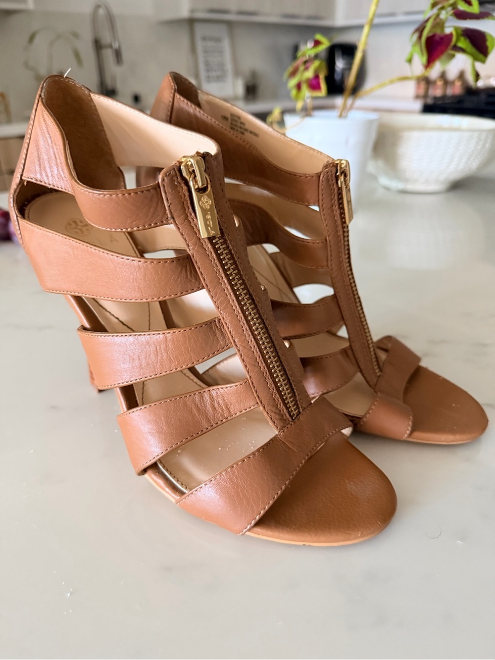 Brown/Tan Strappy Front-Zip Heels -size 10